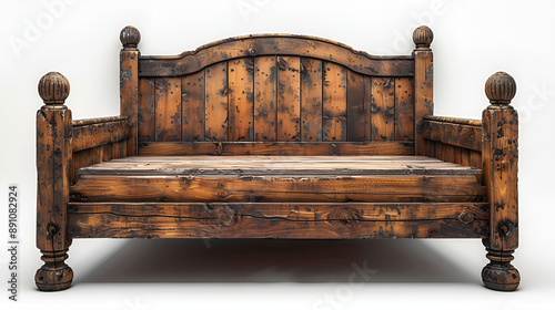 . Solid wood bed with frame and posts, natural finish, timeless and elegant bedroom piece.
