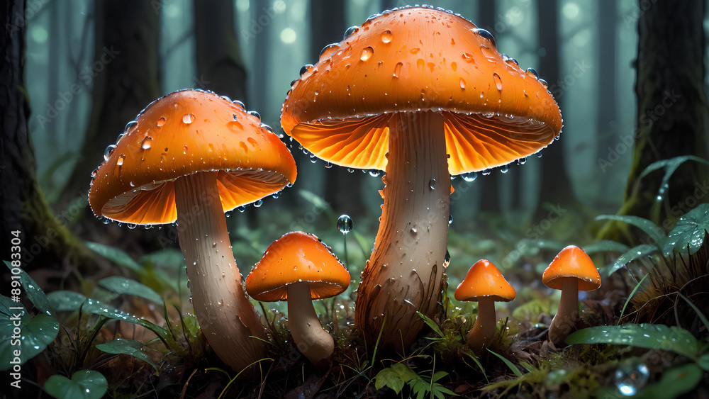 Fototapeta premium orange mushrooms with dewdrops glowing in a mystical forest