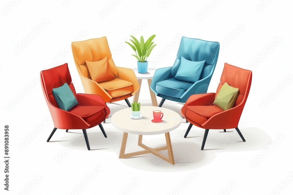 Fototapeta premium A business lounge clipart, networking space, realistic illustration, modern furniture, isolated on white background
