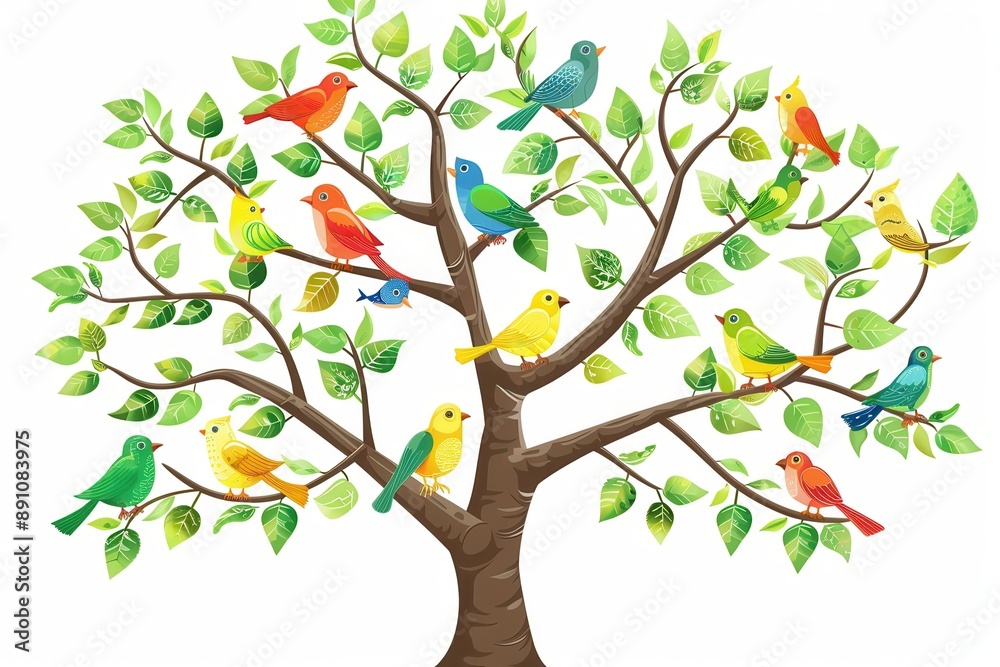 A tree with birds clipart, natural habitat, vector illustration, green with colorful birds, isolated on white background A tree with birds clipart, natural habitat, vector illustration, green with colorful birds, isolated on white background