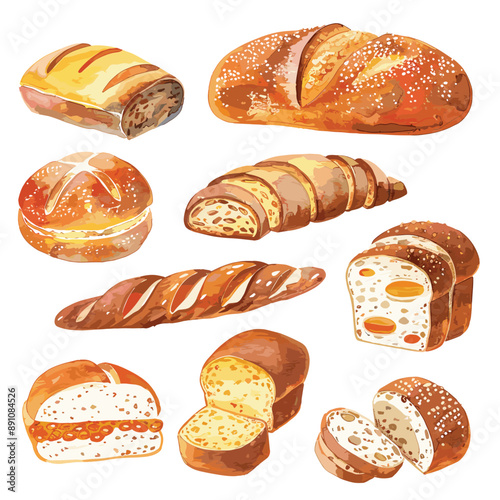 Collection of Watercolor Bread, Bakery, Bread Baking, French Bread