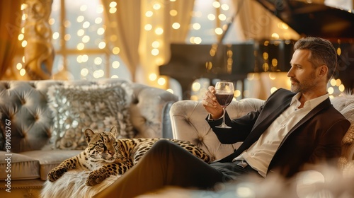 Man in elegant attire relaxing with a glass of wine and a leopard on a luxurious couch, creating a sophisticated and opulent setting.