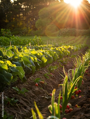 Vibrant Sunset Over Farmland Rows of Green Crops - A warm sunset casts golden light over rows of lush green crops, with a few red tomatoes scattered on the ground, symbolizing growth, harvest, abundan photo