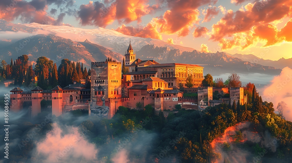 Fototapeta premium Anime-style Alhambra during a misty morning, soft clouds surrounding the palace, the city slowly awakening, intense and mystical scene, rich colors, detailed textures, wide-angle view, hd quality.