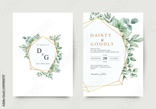 Wedding invitation card template leaves geometric gold frame