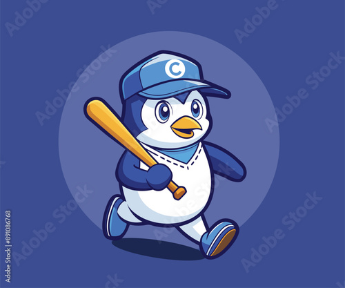 cute penguin running and holding a bat

