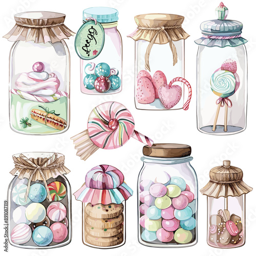Cute Watercolor Jars filled with Candy, Cookies and Sweets