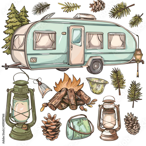 Camping and RV illustration set with caravan, campfire, lantern, pine tree and cones.