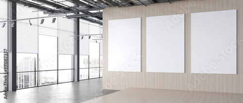 A large empty room with three white walls and a wooden floor. 3D render