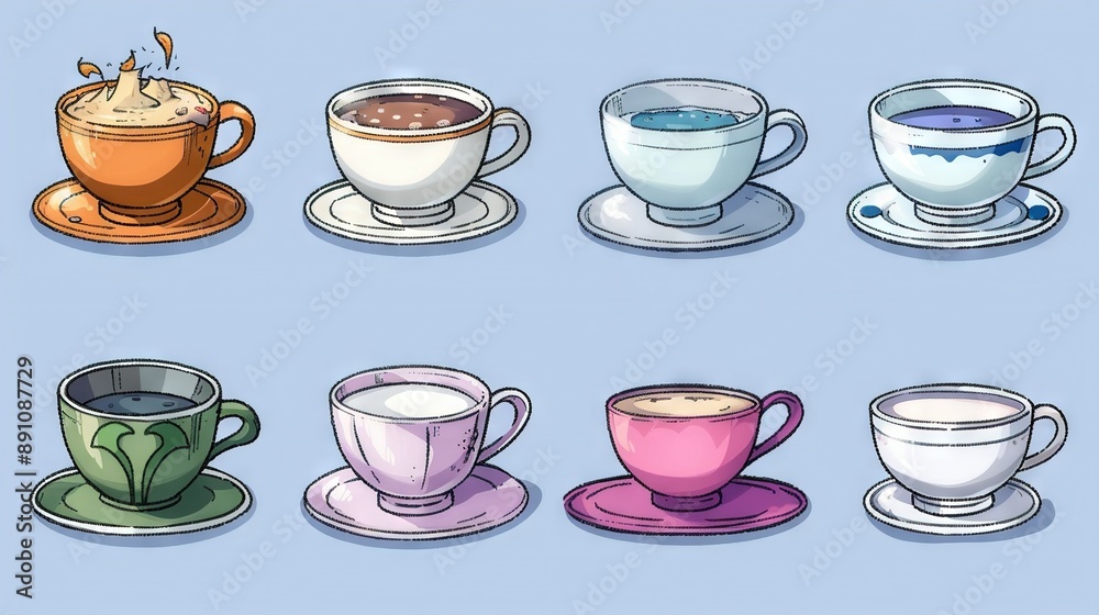 Blue background with diverse coffee cups, saucers, and utensils Blue background with diverse coffee cups, saucers, and utensils