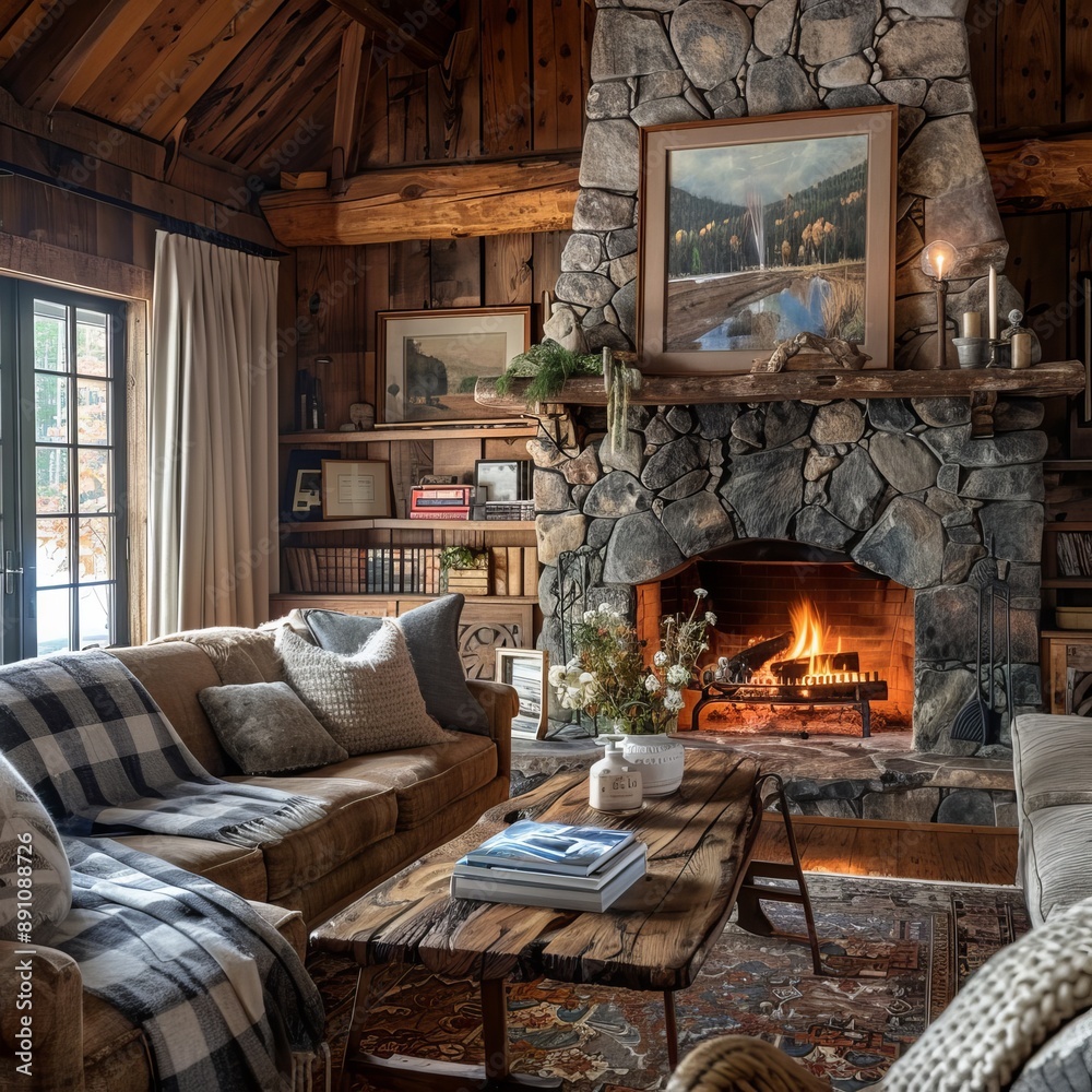 Cozy living room with a fireplace, sofa, coffee table, and bookshelves. Cozy living room with a fireplace, sofa, coffee table, and bookshelves.