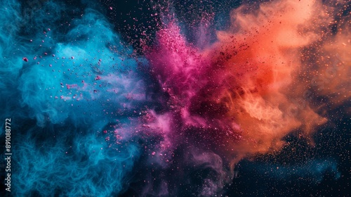 A vivid and explosive burst of colorful powder in motion, showcasing vibrant blue, pink, and orange hues on a dark background. photo