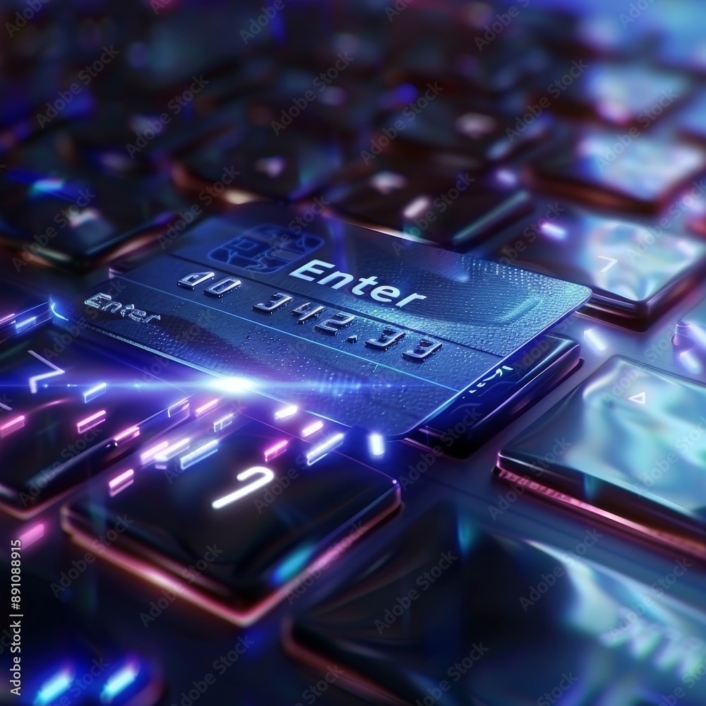 The image shows a close-up of a computer keyboard with a glowing blue The image shows a close-up of a computer keyboard with a glowing blue