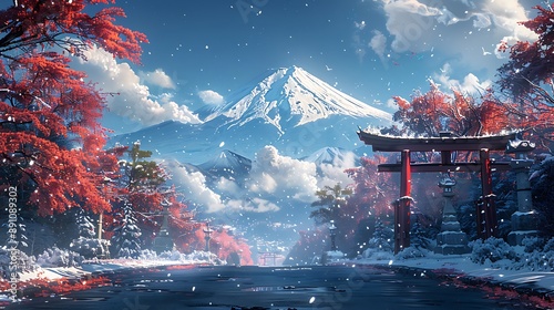 Mount Fuji in an anime winter wonderland, snow-covered peak glistening under the sun, traditional torii gate in the foreground, delicate snowfall, peaceful and serene setting,