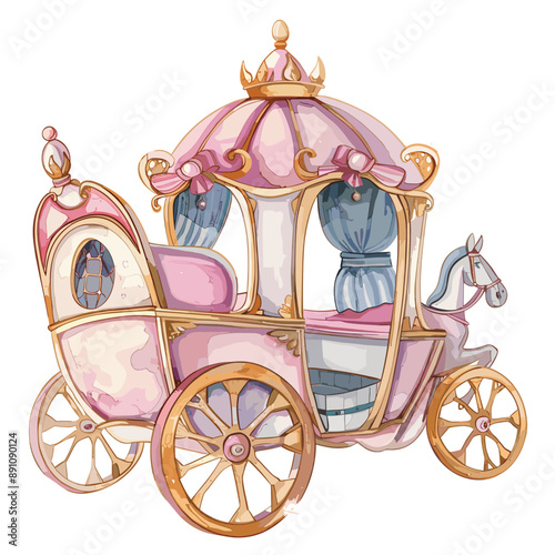Pink fairytale carriage with gold wheels and a horse