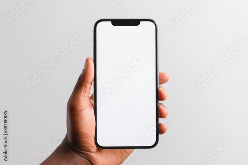 Holding screen phone white background.