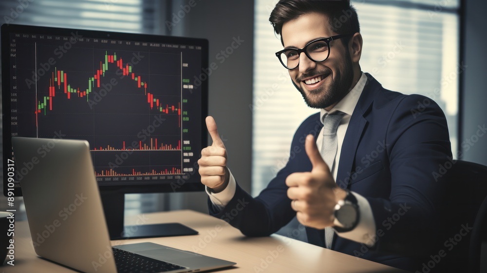 Photograph of a businessman giving a thumbs up while looking at a computer screen displaying positive financial news Photograph of a businessman giving a thumbs up while looking at a computer screen displaying positive financial news