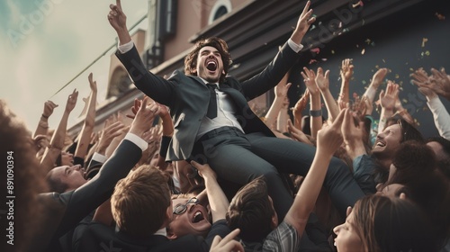 Photograph of a businessman in a suit and tie crowd-surfing at a rooftop bar, his colleagues cheering him on