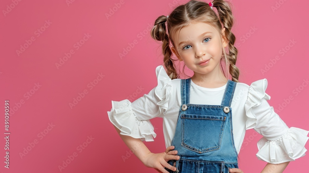 Fototapeta premium Confident girl in denim overalls against pink background