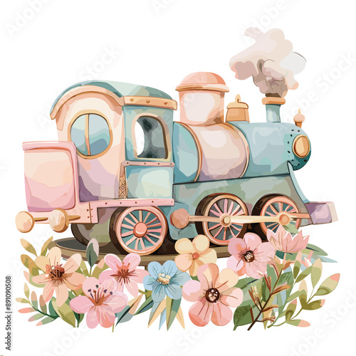 Watercolor illustration of a cute train with flowers