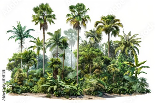 Lush tropical rainforest scene with tall palm trees and dense vegetation, creating a vibrant and exotic natural atmosphere.