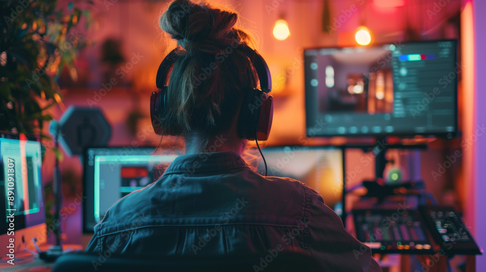 A woman is sitting in front of a computer with a headset on A woman is sitting in front of a computer with a headset on
