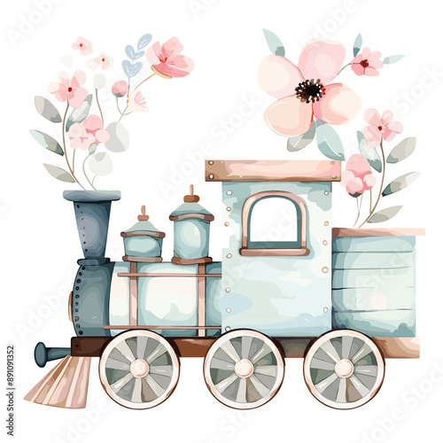 Watercolor Illustration of a Cute Vintage Train with Flowers