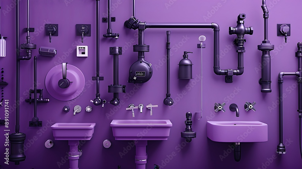 Plumbing equipment on the purple background Plumbing equipment on the purple background