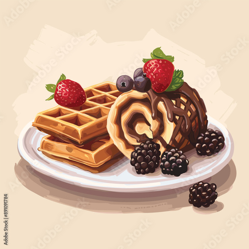 Delicious chocolate Swiss roll with waffles and fresh berries