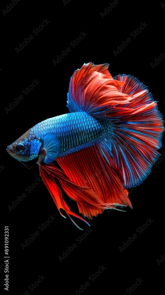 Obraz premium Captivating Siamese Fighting Fish in Motion: Vibrant Red and Blue Betta Isolated on Black Background. Elegant Aquatic Art Showcasing the Graceful Movement and Striking Colors of Betta Fish. Stunning 4