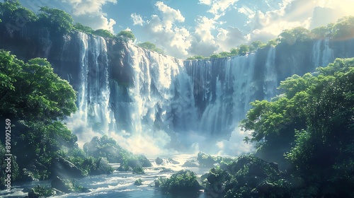 Victoria Falls in an anime rainy season setting, lush green foliage surrounding the falls, dramatic water flow, intense and powerful scene, rich colors, detailed textures, wide-angle perspective,