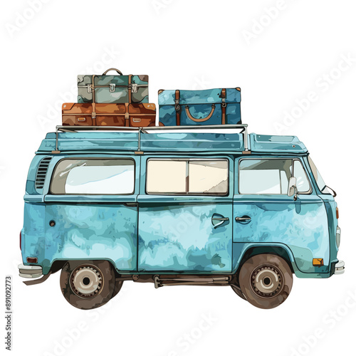 Vintage blue van with luggage on the roof, travel, adventure