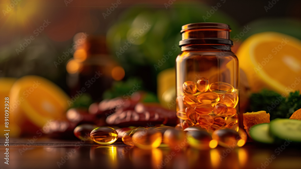 Vitamin B2 Mock-Up for Skin Health - Brown Glass Bottle with Hologram and Vitamin B2 Sources to Highlight Smooth and Radiant Skin Benefits Vitamin B2 Mock-Up for Skin Health - Brown Glass Bottle with Hologram and Vitamin B2 Sources to Highlight Smooth and Radiant Skin Benefits