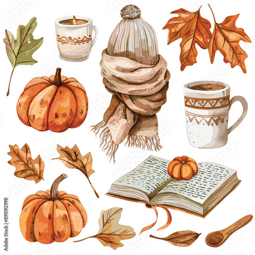 Cozy Autumn Watercolor Elements. Pumpkins, Leaves, Hat, Scarf, Book, Mug