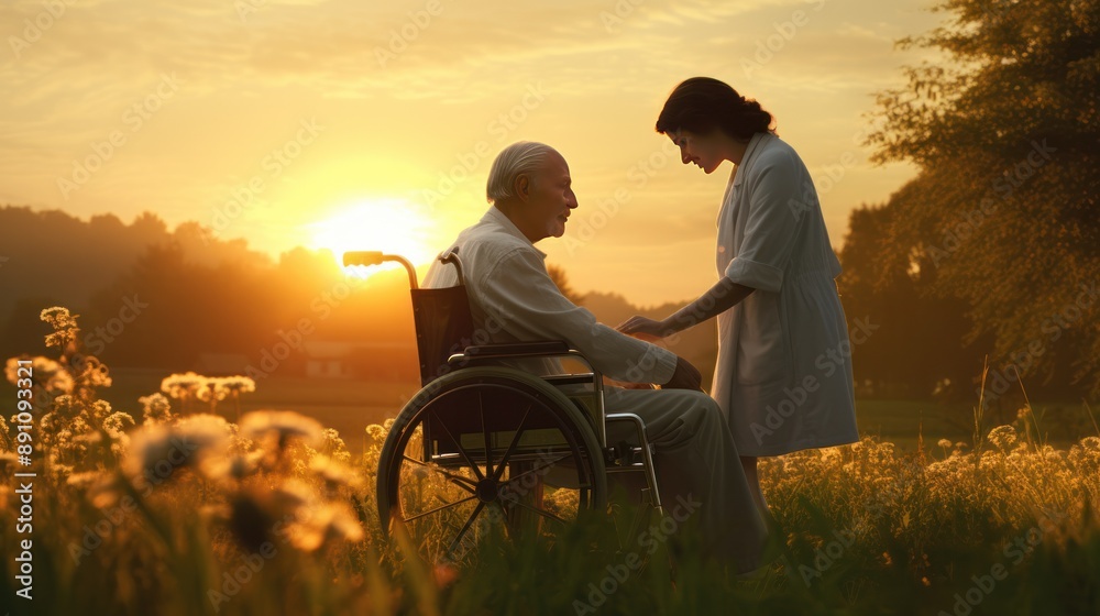 Photograph of a compassionate female doctor gently pushing an elderly male patient in a wheelchair through a lush green meadow, bathed in the warm glow Photograph of a compassionate female doctor gently pushing an elderly male patient in a wheelchair through a lush green meadow, bathed in the warm glow