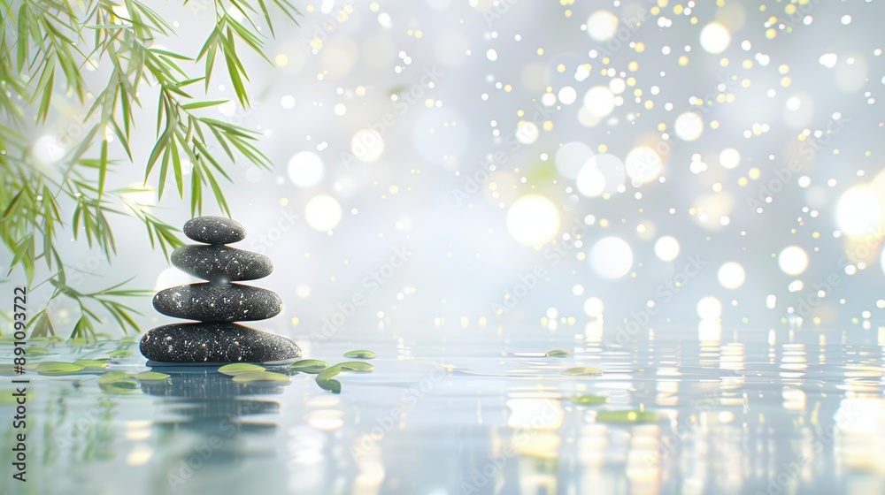 Stacked black stones in water with bamboo leaves and bokeh lights in the background. Zen and relaxation concept. Stacked black stones in water with bamboo leaves and bokeh lights in the background. Zen and relaxation concept.