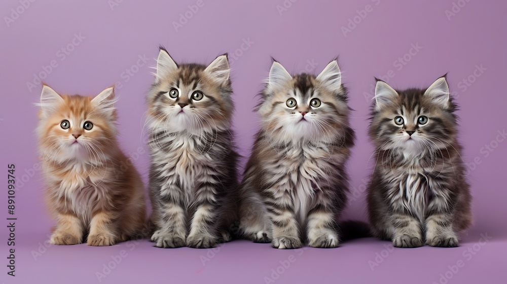 Purebred siberian kittens are sitting on a purple background Purebred siberian kittens are sitting on a purple background