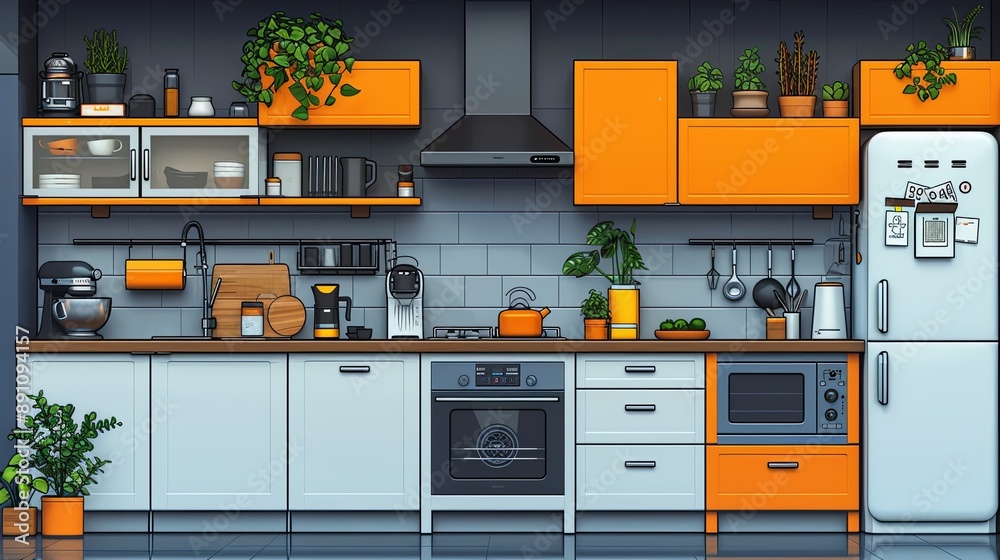 vector, illustration, flat, Trendy interior of kitchen full of modern furniture, household appliances, cookware, cooking facilities, tools, equipment and home decorations. Colorful vector illustration vector, illustration, flat, Trendy interior of kitchen full of modern furniture, household appliances, cookware, cooking facilities, tools, equipment and home decorations. Colorful vector illustration