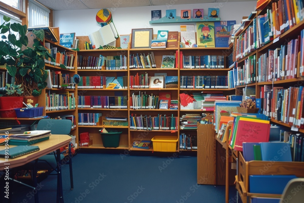 Organized Teacher Setting Up Classroom Library by Genre in Realistic School Setting