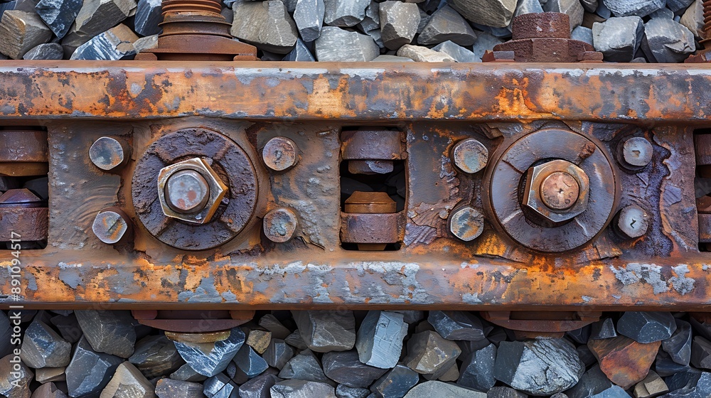 Railways metal steel rails and wooden sleepers rivets and fasteners on the railroad stony backfill of railway tracks Railways metal steel rails and wooden sleepers rivets and fasteners on the railroad stony backfill of railway tracks