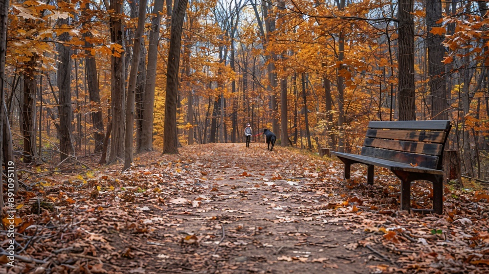 Autumnal Forest Path with a Bench Autumnal Forest Path with a Bench