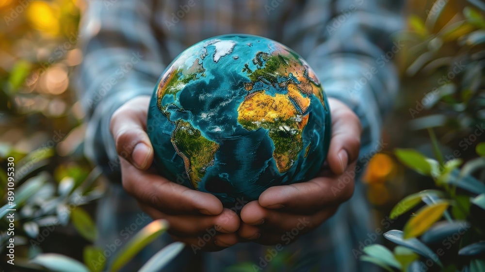 Hands holding a small globe against a lush background, symbolizing global care and environmental conservation. Hands holding a small globe against a lush background, symbolizing global care and environmental conservation.