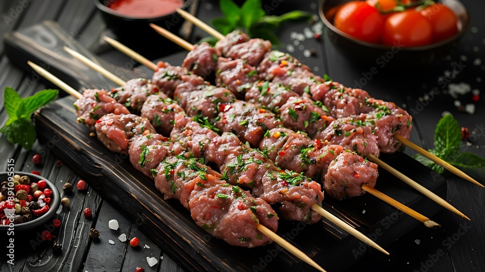 Raw kebab minced meat shish kebab ready to cook set on black wooden table background Raw kebab minced meat shish kebab ready to cook set on black wooden table background