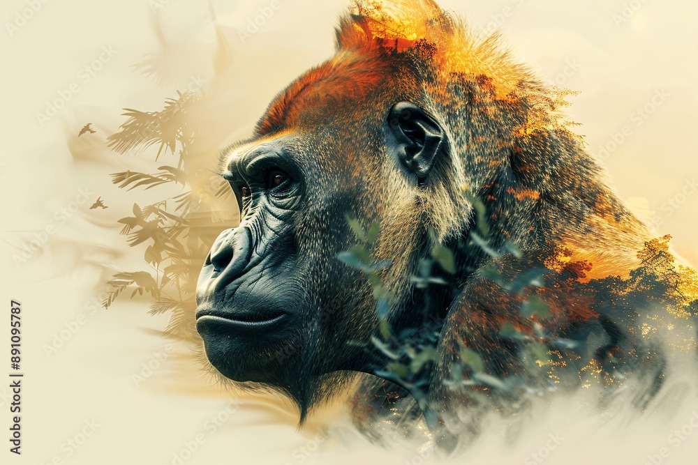 Gorilla's profile, half covered in leaves. Gorilla's profile, half covered in leaves.