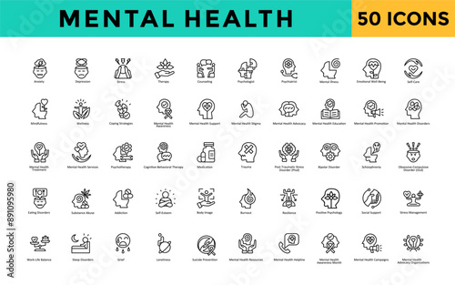 Mental Health icon set with anxiety, depression, stress, therapy, counseling, psychologist, psychiatrist, mental illness, emotional well-being icon. Simple line vector 
