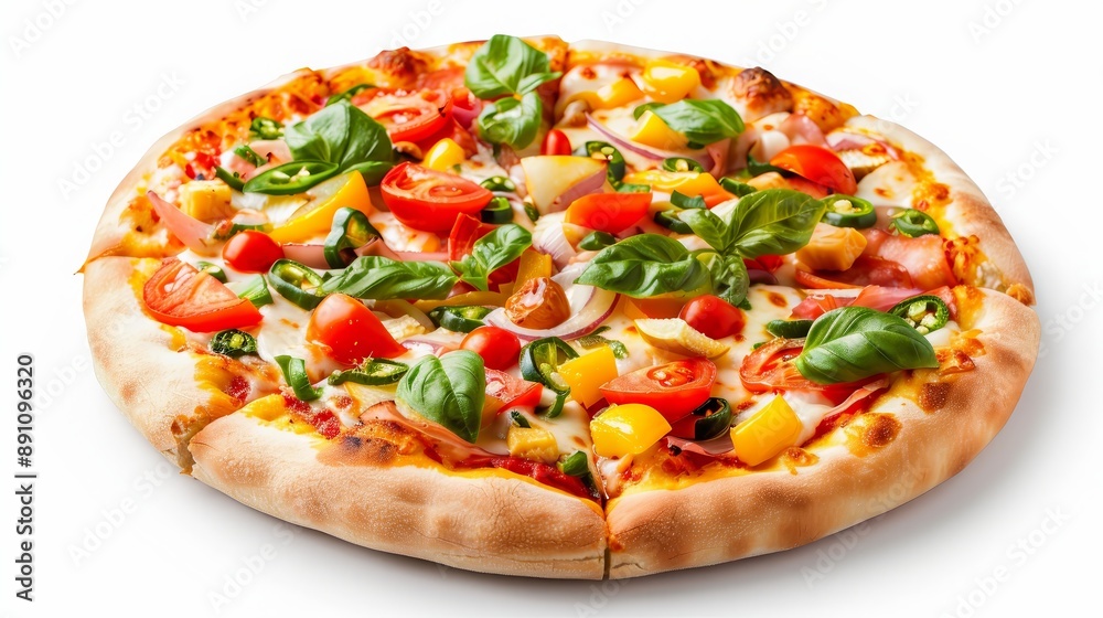 Delicious fresh vegetable pizza with colorful toppings on a white background. Perfect for culinary and food photography.
