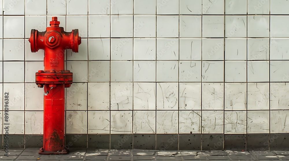 Red fire hydrant in the corner lined with ceramic tiles, wall Red fire hydrant in the corner lined with ceramic tiles, wall