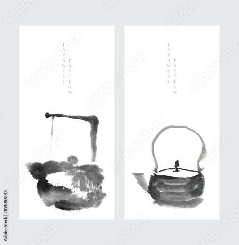 Teapot ad teacup watercolor texture card design. Japanese background with Chinese painting decorations in vintage style. 