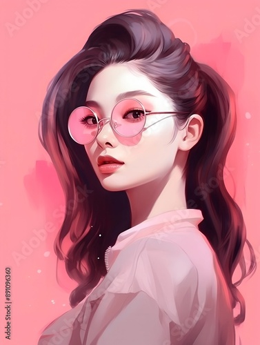 Painting poster young female portrait on pink background. AI generated © Aikqraws