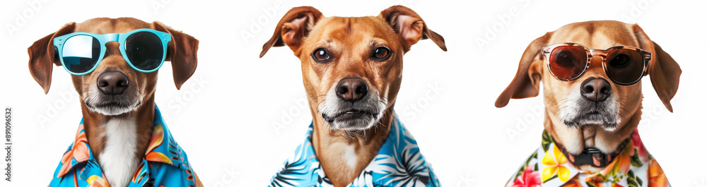 Set of cute Dog Jack russell wear sunglasses and summer costume that looking at camera isolated on background, portrait funny pet with outfit.